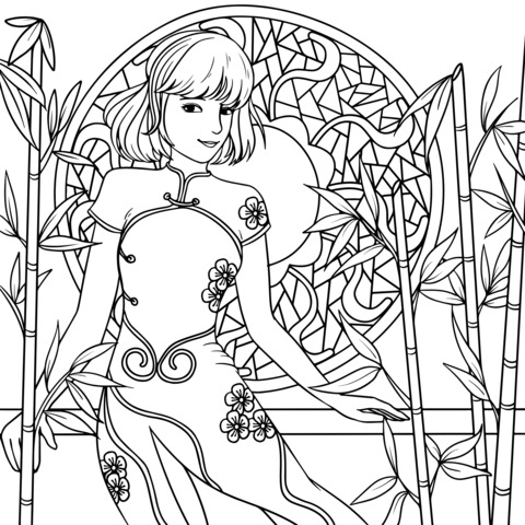 Coloring Page of a Woman in Cheongsam