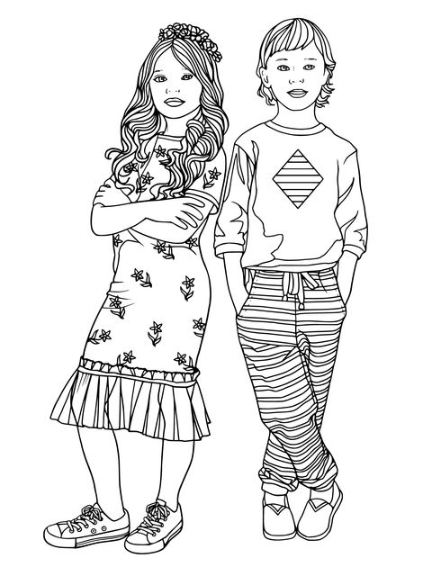 Coloring Page of Two Children with Different Styles