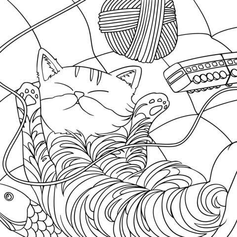 Cute Cat Playing Coloring Page