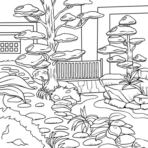 Página para Colorir de Paisagem de Jardim Japonês