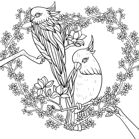 Romantic Flower - Bird Coloring Page: Two Birds Perched on a Heart - Shaped Branch Surrounded by Flowers