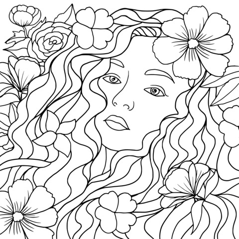 Dreamy Floral - Girl Coloring Page