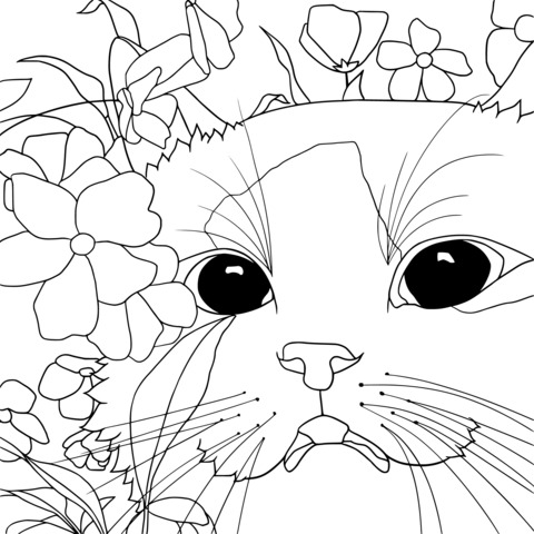 Adorable Cat and Blooming Flowers Coloring Page