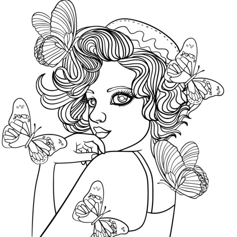 Página para colorear de chica con mariposas soñadoras