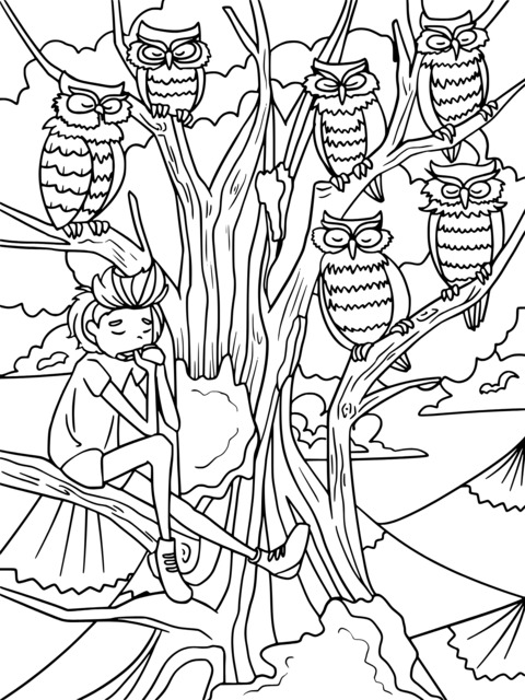 Coloring Page of a Boy and Owls in a Tree