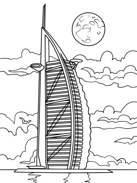 Burj Al Arab Coloring Page: Unique Architecture and Dreamy Sky