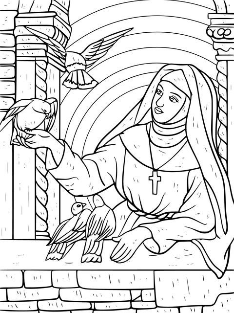 Nun and Pigeons Coloring Page