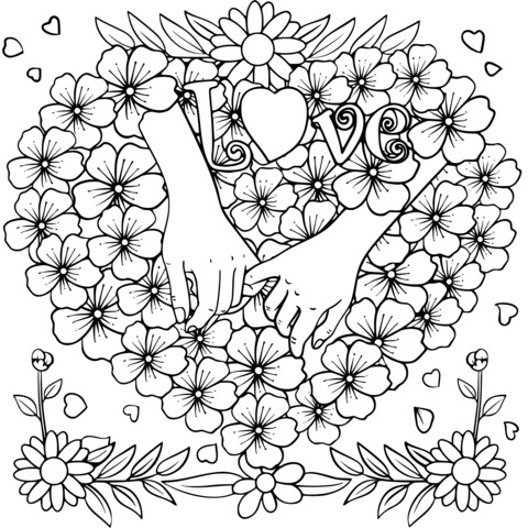 Heart - shaped Flower and Hand - holding Coloring Page