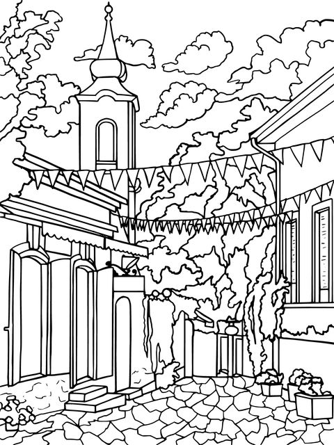 Coloring Page of a Colorful Town Street