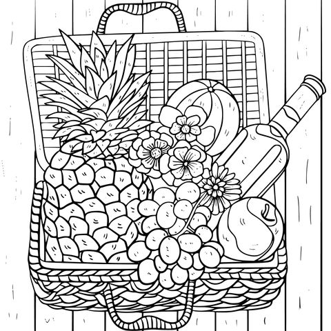 Picnic basket filled with fruits and wine