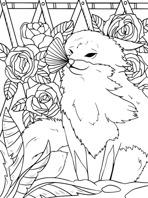 Cute Fox and Roses Coloring Page