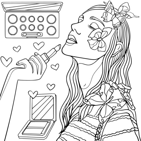 Makeup - themed Coloring Page: A Beautiful Girl and Cosmetics