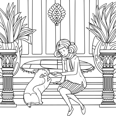 Coloring Page of a Lady Interacting with a Puppy