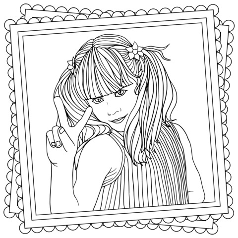 Cute Pink - Haired Girl Making a Peace Sign Coloring Page