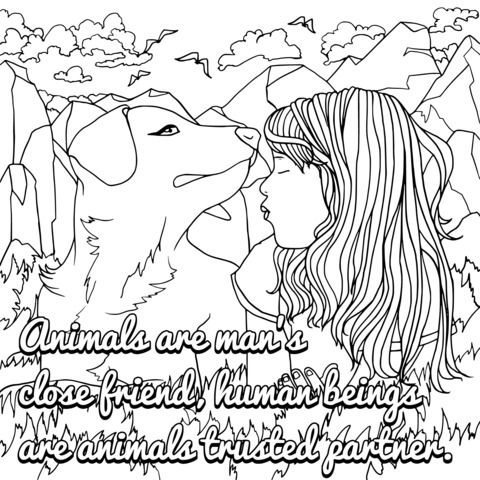 Coloring Page of a Girl and a Dog in Intimate Interaction