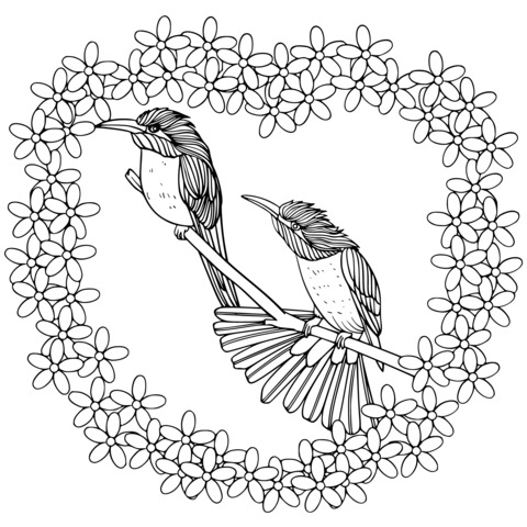 Flower - Bird Coloring Page: Two Birds Perched on a Flowering Branch