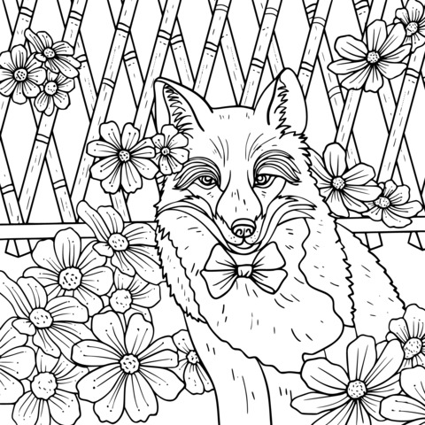 Página para Colorir de um Fox Adorável e Flores Em Flor