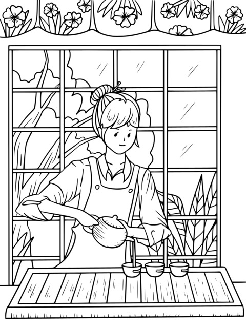 Coloring Page of a Girl Making Pottery by the Window