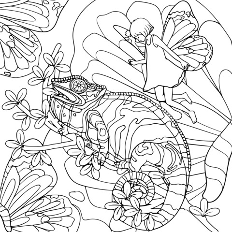 Fantasy Fairy and Chameleon Coloring Page