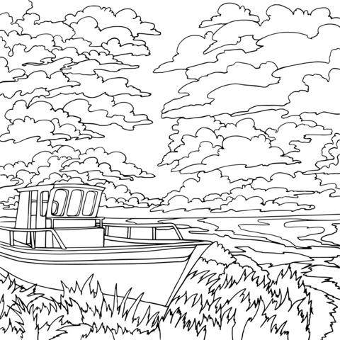 Coloring Page of a Boat under the Sunset