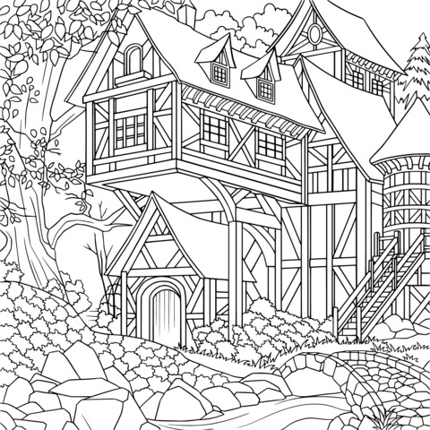 Fairytale - style Wooden House Landscape Coloring Page