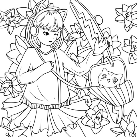 Coloring Page of a Girl with a Cat Ready for Surfing