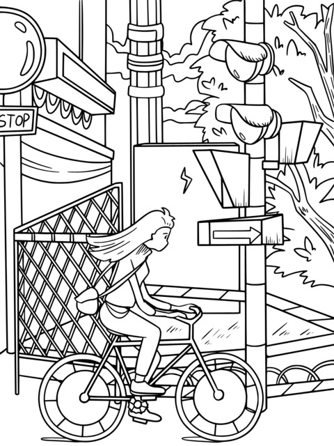 Coloring Page of a Girl Riding a Bicycle