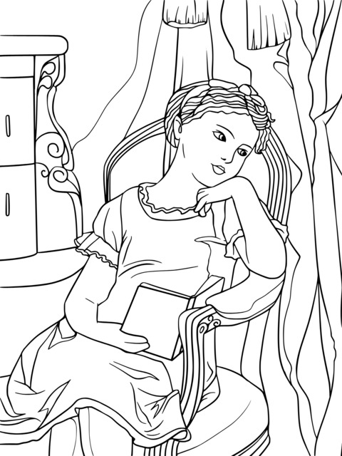 Coloring Page of a Girl Reading a Book