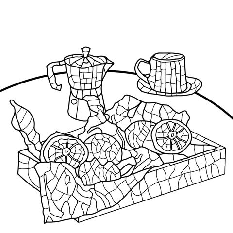 Colorful Mosaic - style Tea Set and Fruits Coloring Page