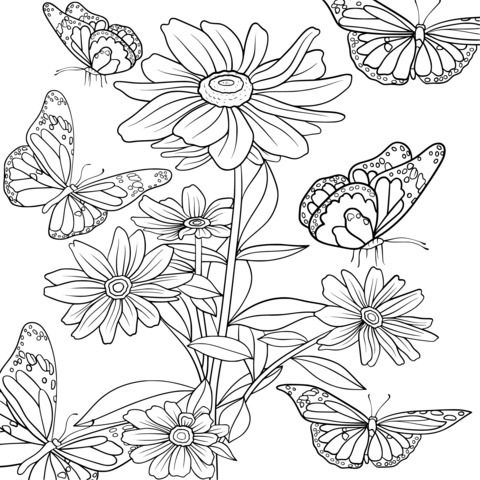 Coloring Page of Gorgeous Flowers and Butterflies