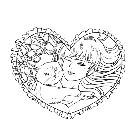 Coloring Page of a Girl and a Cat in a Heart - shaped Frame