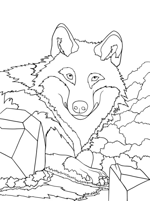 Página de colorear de un lobo azul soñador y gemas