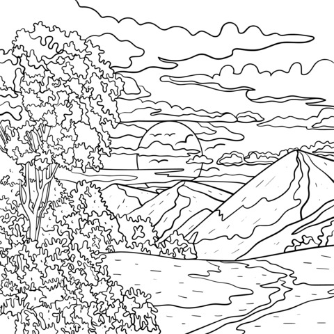 Beautiful Sunset Landscape Coloring Page