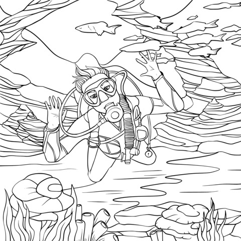 Diver's Underwater Adventure Coloring Page