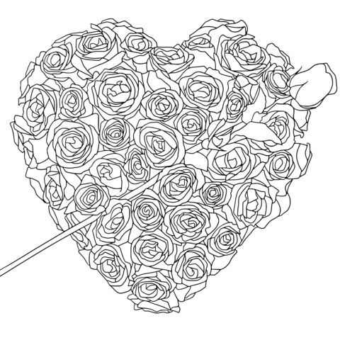 Heart - shaped Red Roses and White Rose Coloring Page