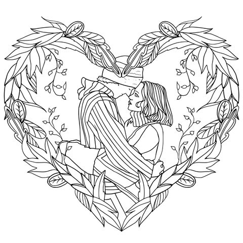 Coloring Page of a Couple Hugging in a Heart - shaped Pattern