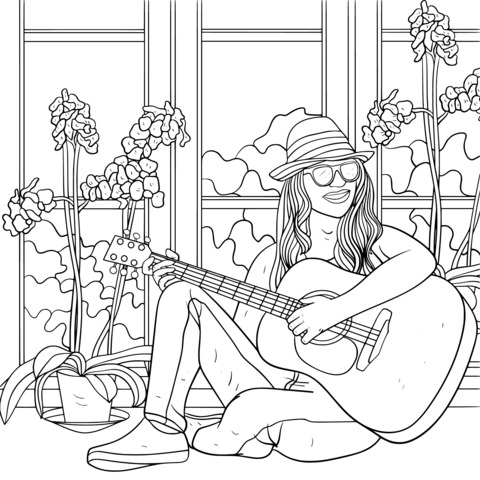 Página para colorear de una chica tocando la guitarra