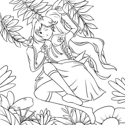 Anime Girl Coloring Page: A Dynamic Character in a Flower - Filled Scene