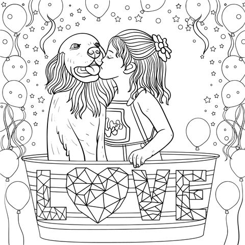 Heartwarming Celebration Coloring Page of a Girl and a Dog