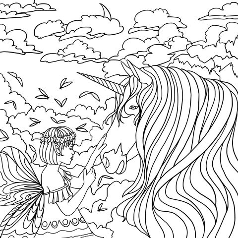 Fairy - Unicorn Coloring Page in a Fairy - tale World