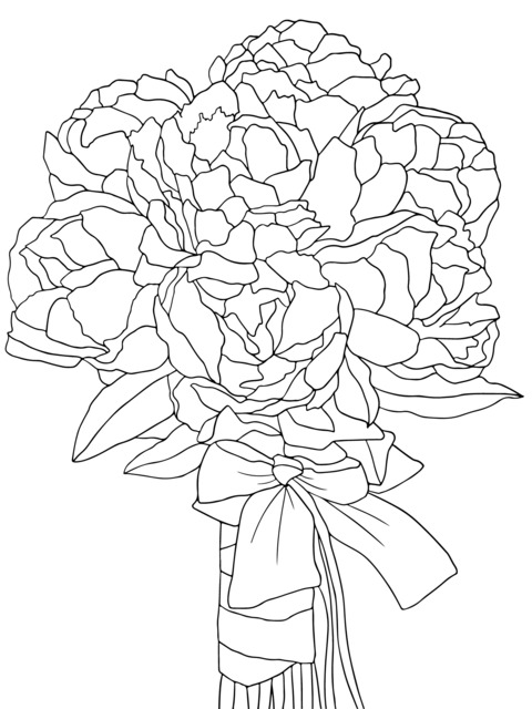 Linda Página de Colorir de um Bouquet de Peonias Desenhadas à Mão