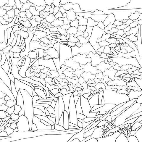 Beautiful Mountain Forest Landscape Coloring Page