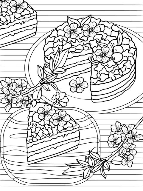 Delicious Cake and Beautiful Cherry Blossom Coloring Page