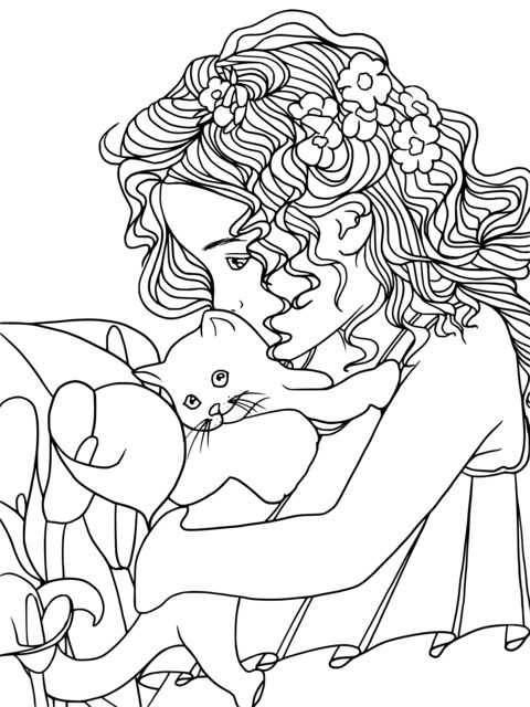 Coloring Page of a Curly - Haired Girl Hugging a Cat