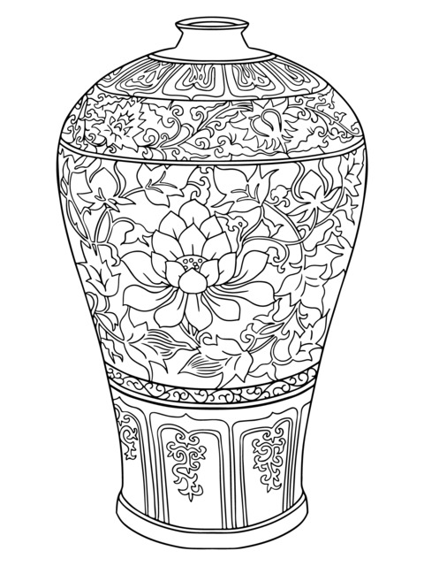 Página de Colorear de un Vaso de Porcelana Azul y Blanca