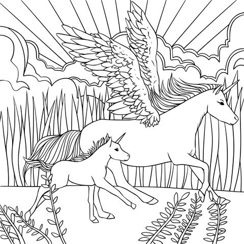 Mythical Creatures: Mother - Foal Pegasus Coloring Page