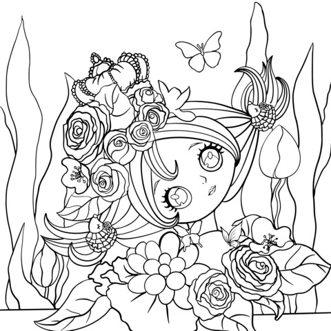 Flower - adorned Girl Coloring Page: A Dreamy Illustration Surrounded by Colorful Flowers