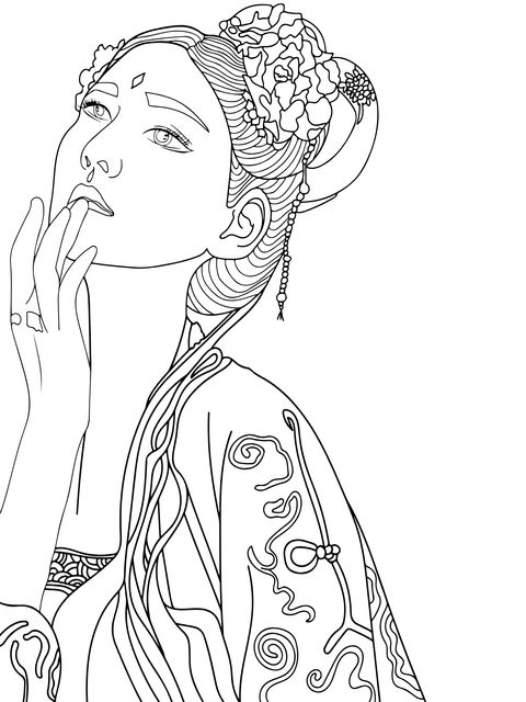 Coloring Page of an Ancient - style Woman in Red