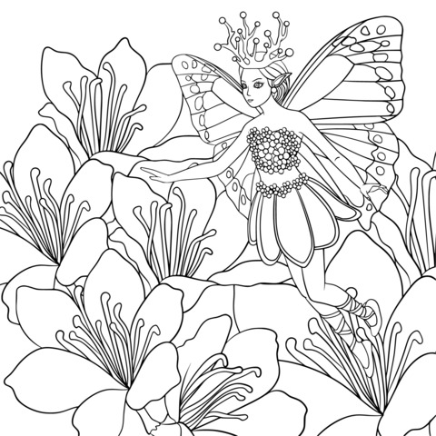 Enchanting Fairy - among - Flowers Coloring Page