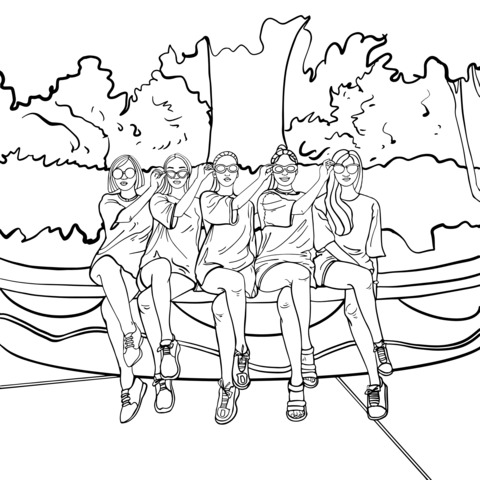 Coloring Page of Five Stylish Girls' Leisure Time